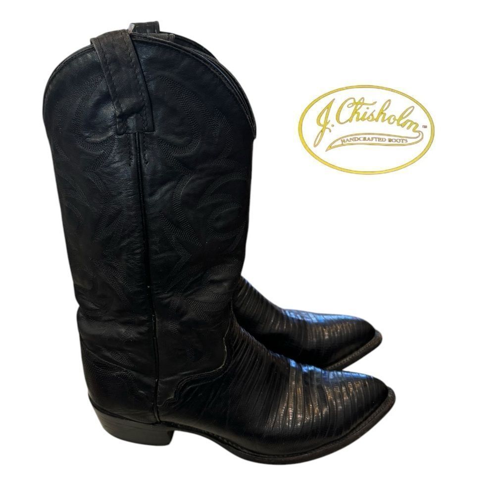 J. Chisholm Black Leather Men's Cowboys Boots 9 9D